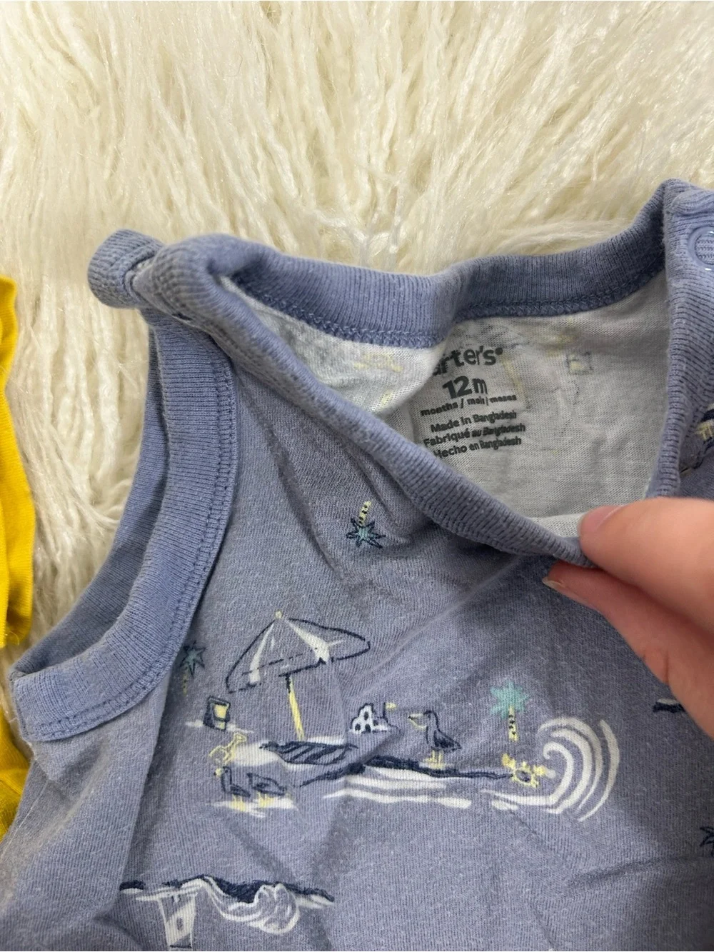 Carter's Baby Boy 12M Lot 2pc Yellow Dinosaur Tee Blue Beach Romper